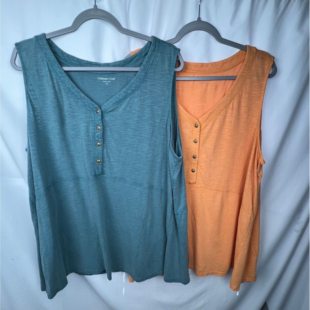 Coldwater Creek Sleeveless Henley Tunic Top BUNDLE 2X Blue & Orange Button Front